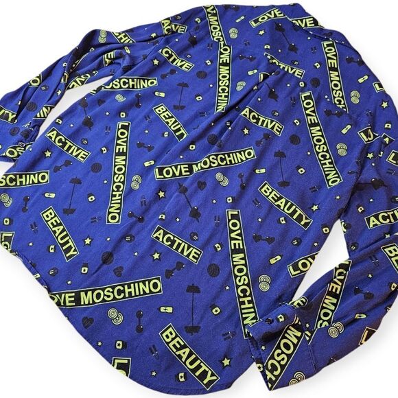 Love Moschino Blue Green Button Down Shirt Size 8 - Picture 3 of 5